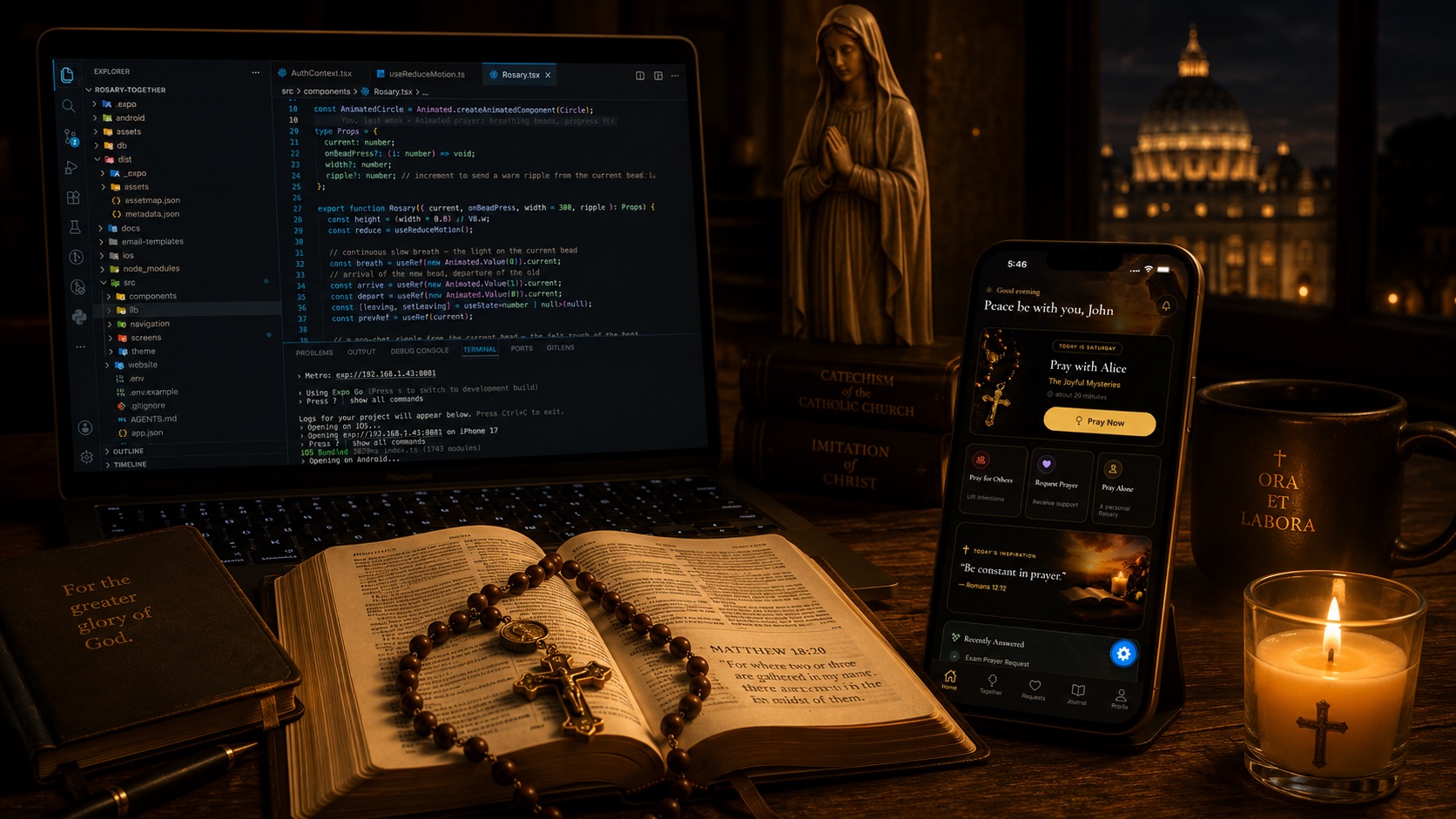 A laptop with Rosary Together's code open, a Bible open to Matthew 18:20 with a rosary resting on it, and a phone showing the app's Home screen.